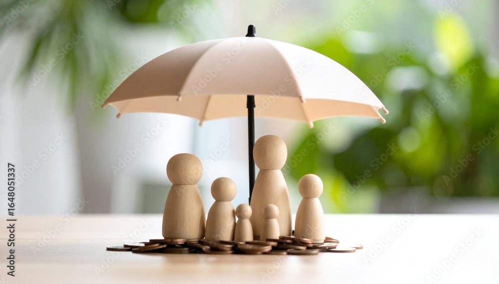 custom made wallpaper toronto digitalBright indoor scene with umbrella spread out over a pile of coins on a table with a wooden doll family standing next to it