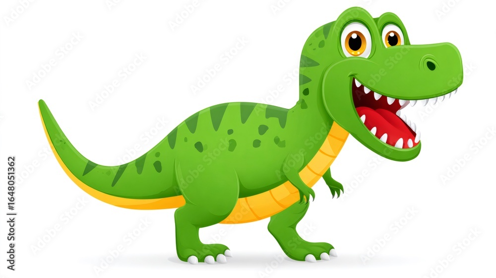 Fototapeta premium Green cartoon tyrannosaurus rex dinosaur smiling and showing teeth