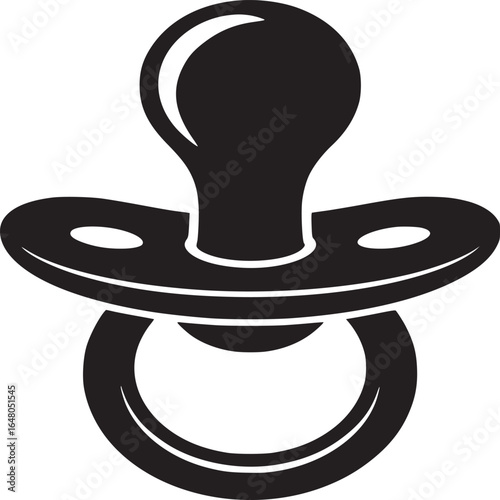 A black and white graphic illustration of a baby pacifier on a white background in a minimalist style