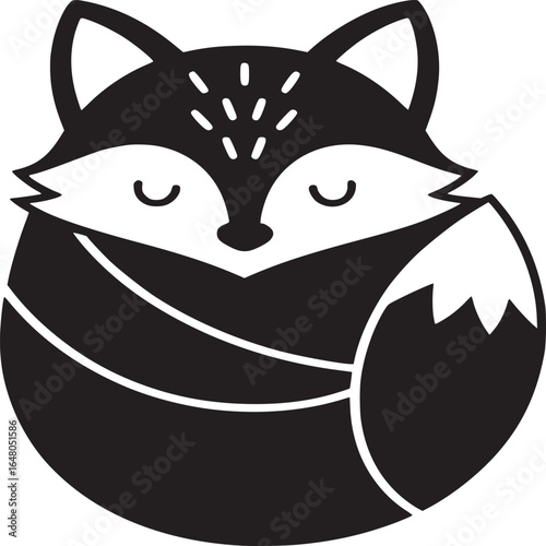 A stylized black and white illustration of a curled up fox with closed eyes and a bushy tail