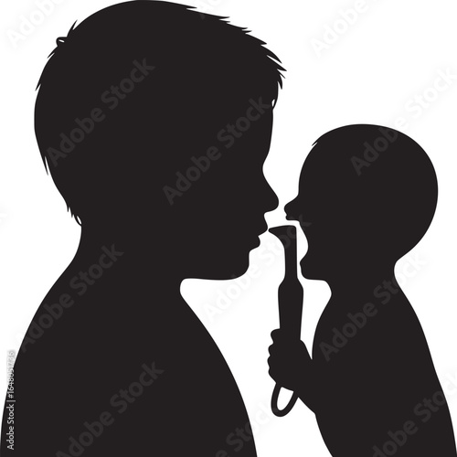 Silhouette of doctor examining child with otoscope in black and white medical examination scene
