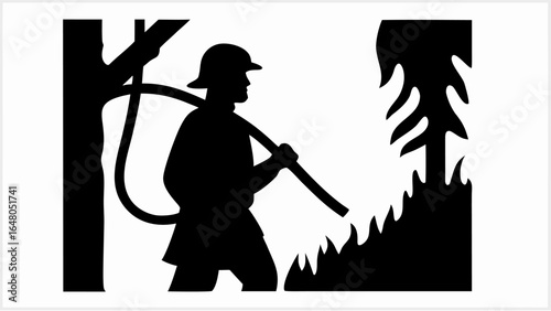 Silhouette of a firefighter extinguishing a forest fire with a hose near trees and flames visible | editable eps vectors