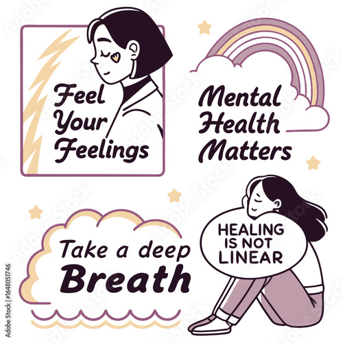 Positive affirmation stickers for mental wellness and self care featuring inspiring typography and graphics