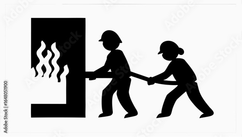 Silhouette of two workers pulling a lever on a furnace with flames in black and white illustration | editable eps vectors