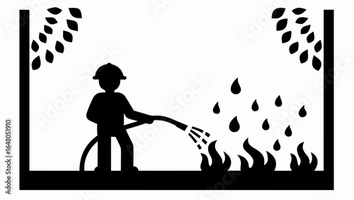 Firefighter extinguishing fire in forest with water drops and trees in a framed black and white scene | editable eps vectors silhouette