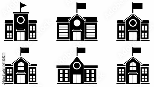 Six black and white school building illustrations with flags on top in a two row by three column grid | editable eps vectors silhouette