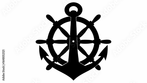 Black silhouette of a ship wheel with handles and a central anchor on a white background image design | editable eps vectors