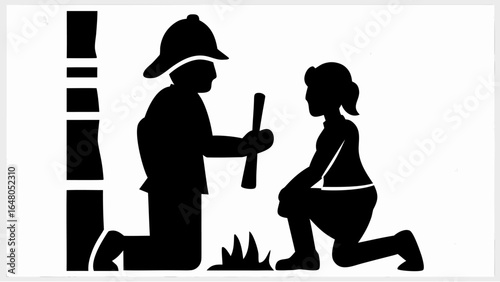 Silhouette of man in hat offering stick to kneeling woman near tree and grass in black and white style | editable eps vectors