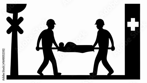 Silhouette illustration of two workers carrying a stretcher with a patient near a hospital sign | editable eps vectors
