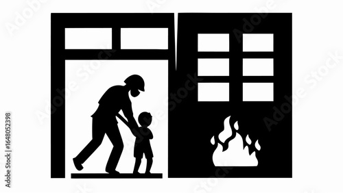 Silhouette of firefighter rescuing child from burning building with visible flames and window panes shown | editable eps vectors
