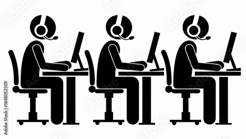 Three stick figures working at computers with headsets in a row on chairs at desks in black and white | editable eps vectors silhouette