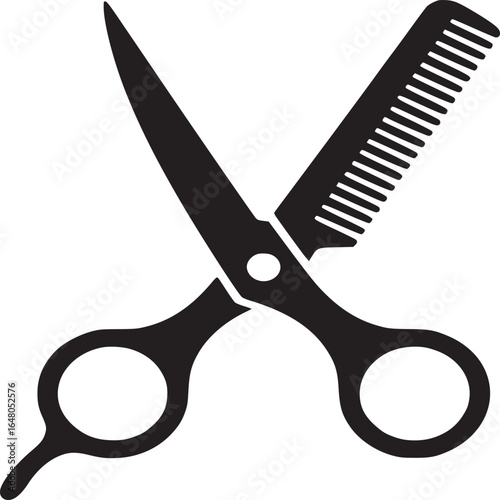 A black and white graphic of scissors crossed with a comb on a plain white background design style