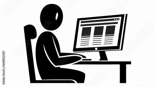 Illustration of a stick figure sitting in a chair at a desk in front of a computer monitor screen | editable eps vectors silhouette