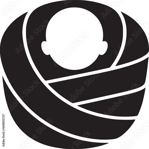 A minimalist black and white illustration of a baby swaddled in a blanket or cloth wrap design
