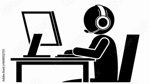 Person with headset at computer desk in black and white silhouette working or playing games online now too long | editable eps vectors