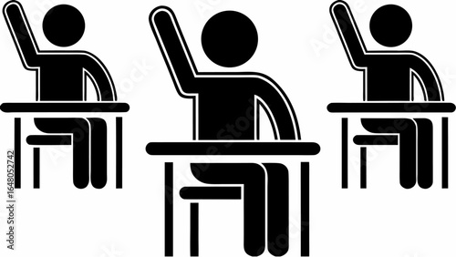 Three students sitting at desks with their hands raised in a classroom setting illustration | editable eps vectors silhouette