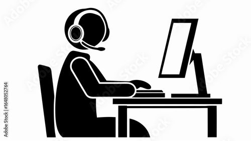 Illustration of a call center agent with headset at computer working at a desk in black and white | editable eps vectors silhouette