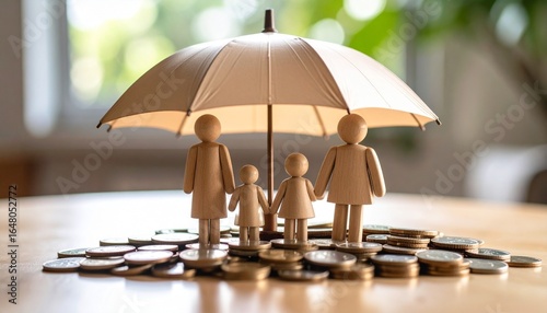 Wallpaper Mural Bright indoor scene with umbrella spread out over a pile of coins on a table with a wooden doll family standing next to it Torontodigital.ca