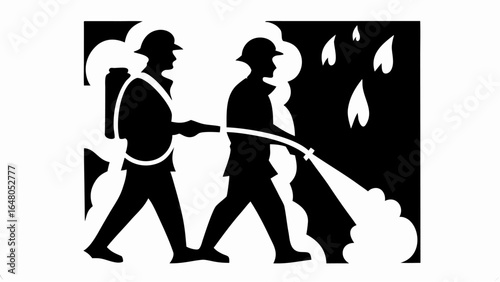 Two firefighters in silhouette extinguishing a fire with a hose and a backpack extinguisher together | editable eps vectors