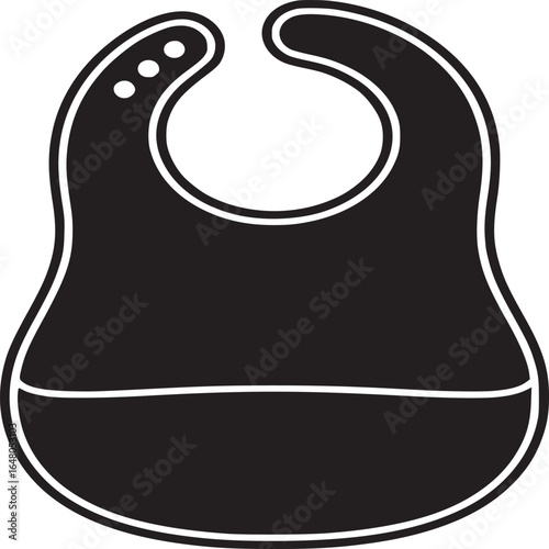 A black and white graphic illustration of a baby bib with a pocket in a simple style design