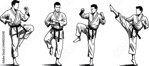 A dynamic set of hand-drawn karate martial arts illustrations, depicting a fighter in various combat poses, perfect for sports, fitness, and self-defense designs, flat vector