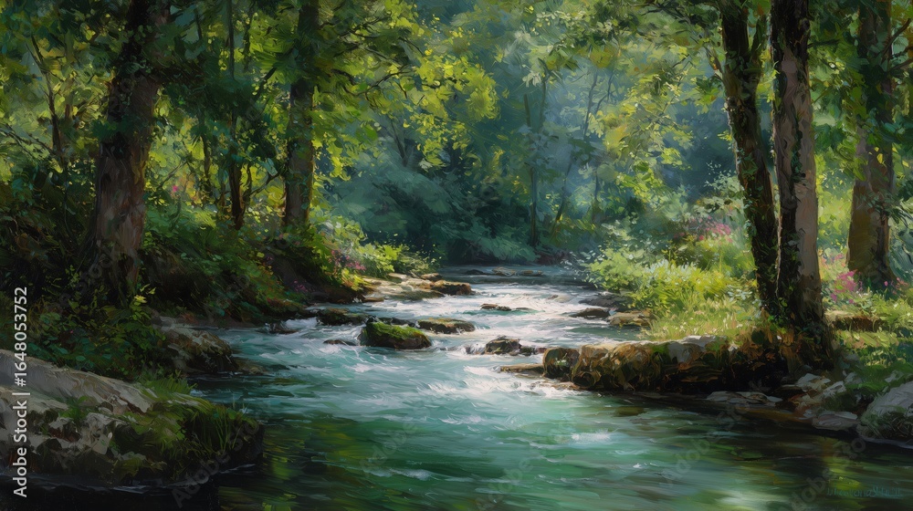Serene river flowing through a lush green forest landscape. Serene river flowing through a lush green forest landscape.