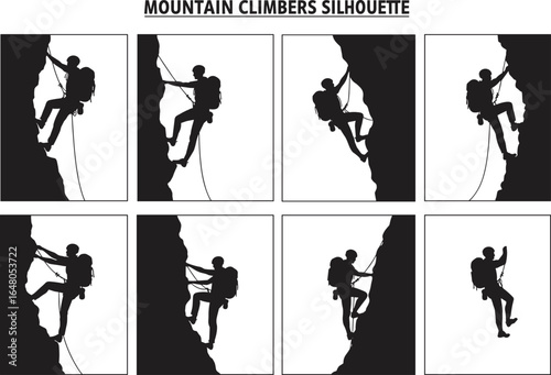 A series of mountain climber silhouettes, showcasing men scaling a cliff, perfect for adventure, challenge, success, and outdoor sports-themed designs, flat vector