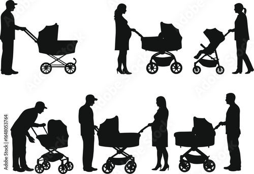 A set of family silhouettes, including parents with baby strollers and a pregnant woman, perfect for family concepts, parenthood, and childcare designs, flat vector