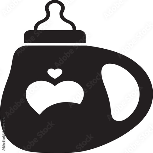 A black silhouette of a baby bottle with a nipple and a heart design on a white background