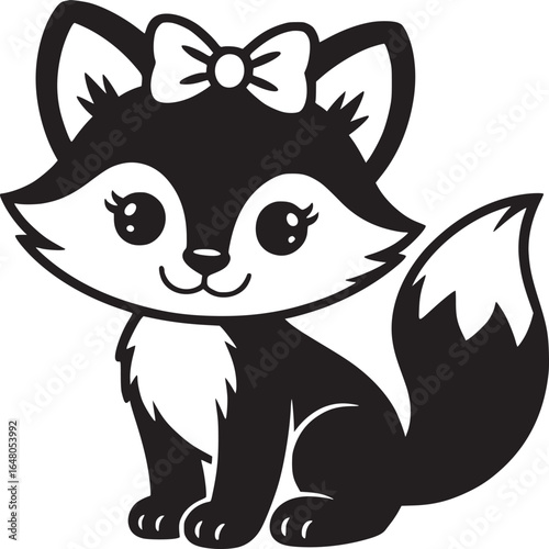 A black and white cartoon illustration of a fox with a bow on its head sitting down nicely smiling