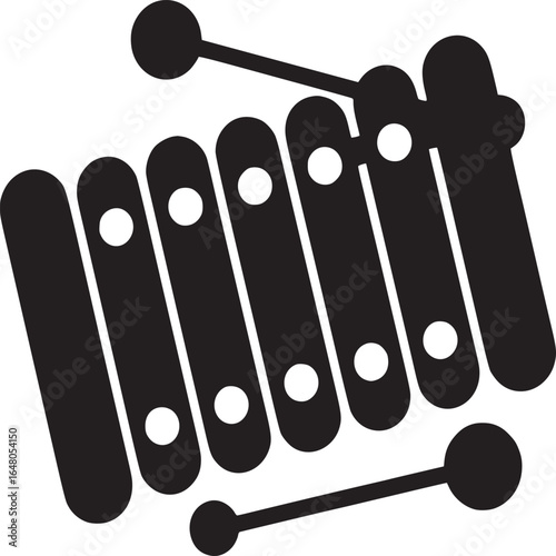 A simple black and white graphic of a xylophone with two mallets on a plain white background