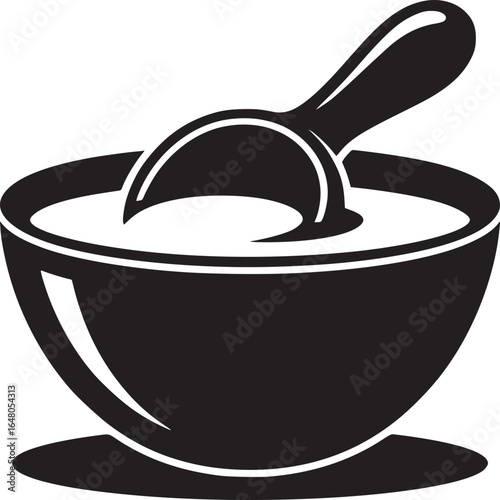 A black and white illustration of a bowl filled with liquid and a spoon resting inside the bowl design