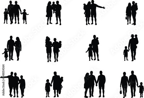 Large collection of black silhouette figures depicting families, parents with children, diverse couples, walking and standing, flat vector illustration on a white background
