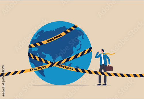 World economic sanctions, force country to obey international law by limit or stop trading concept, businessman look at planet earth world country with prohibited yellow tape with word sanctions.