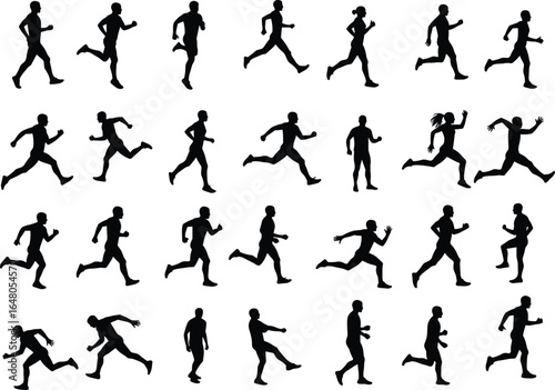 Large collection of twenty-four running and jogging human silhouettes, different poses and gaits, male and female figures, isolated black on white background