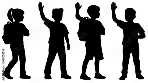 Kids Silhouettes with Backpacks Waving Vector Illustration Minimal Black and White School Design