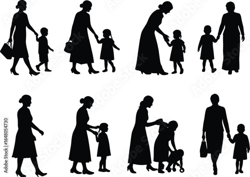 Set of eight silhouette images depicting mothers with their children, different poses and interactions, walking and holding hands, isolated on white background