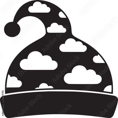 A black and white illustration of a nightcap with clouds on it in a simple and clean style