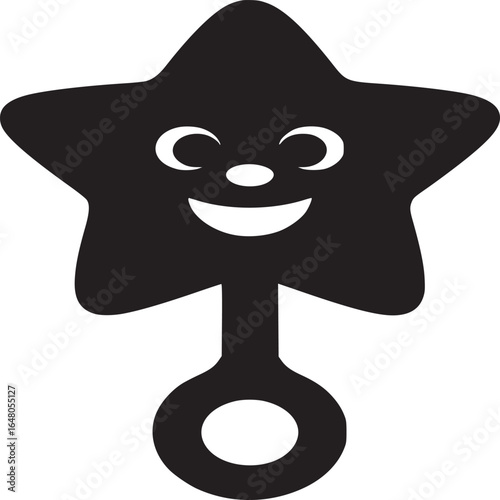 A black and white graphic of a star shaped rattle with a smiling face and a circular handle design