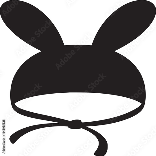 A black silhouette of a bunny bonnet with tied straps on a plain white background image design