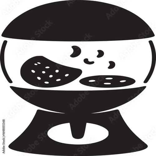A black and white illustration of a gumball machine with candy inside on a white background design