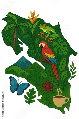 Costa Rica map showing coffee, macaw, butterfly, frog and volcano on transparent background