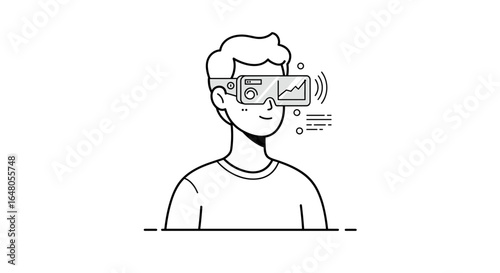 Young man, curious, wearing virtual reality goggles, minimalistic background, copy space