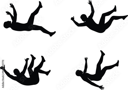 Silhouettes of a falling man in various poses, illustrating concepts of falling, failure, danger, or freefall, on a white background