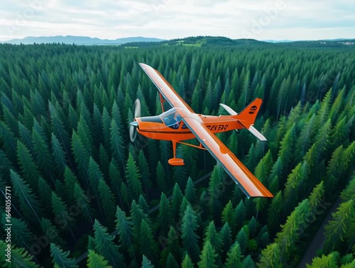 Оrange airplane captured from above fly over a dense green forest, showcasing nature beauty of the landscape video