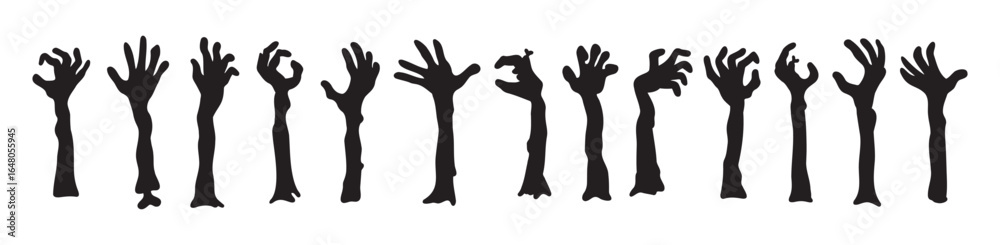 Fototapeta premium Zombie hands silhouettes. Halloween decor. Set doodle zombie hand