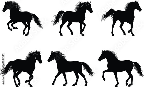 A dynamic collection of running and trotting horse silhouettes, capturing motion and elegance, perfect for equestrian themes, ranch logos, and powerful animal designs, flat vector