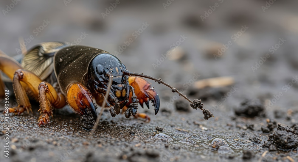 Macro shot of a mole cricket on wet soil with antennae detail Macro shot of a mole cricket on wet soil with antennae detail