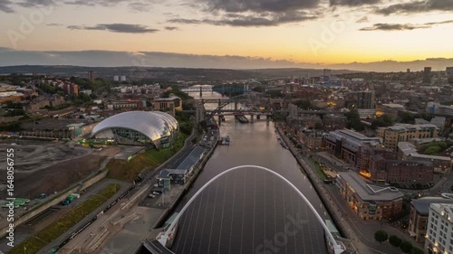 Aerial view of newcastle upon tyne cityscape at sunset, england, united kingdom