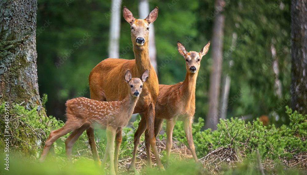 Fototapeta premium mother and baby roe deer in the forest among the trees